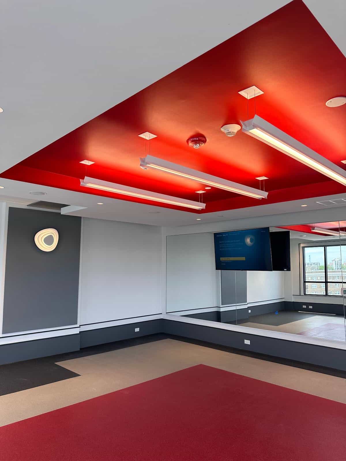 Interior commercial painting: office with painted red ceiling feature