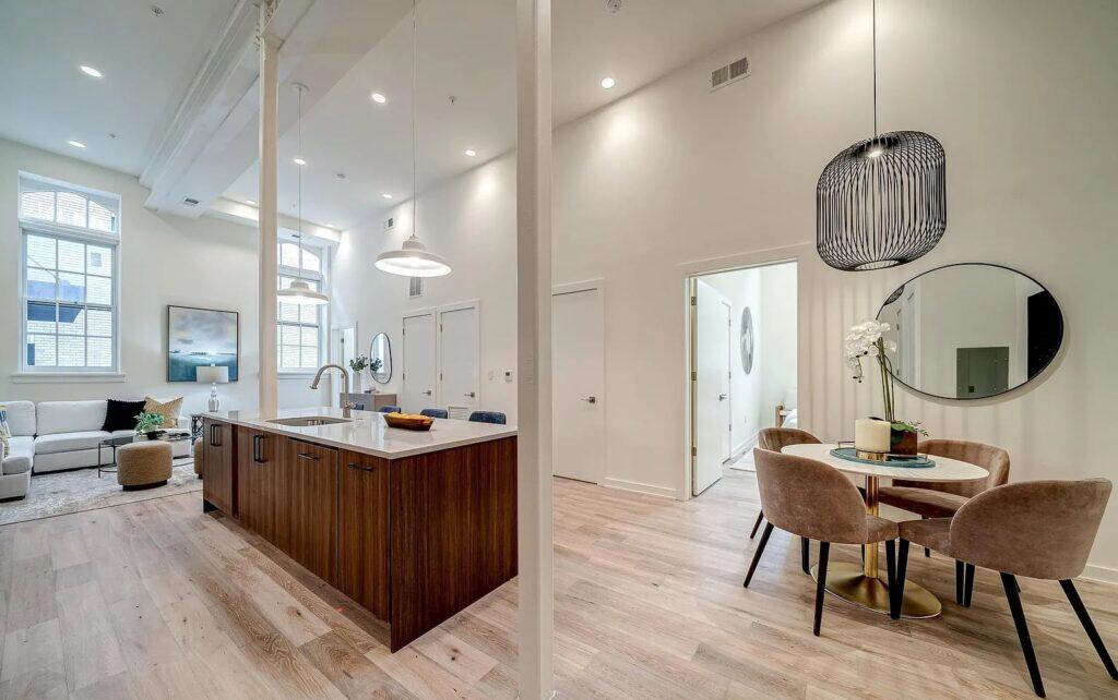 Freshly painted dining area and kitchen in a renovated home